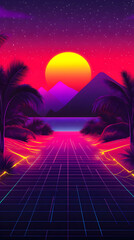 Fototapeta premium Retro sunset landscape with a glowing grid path.