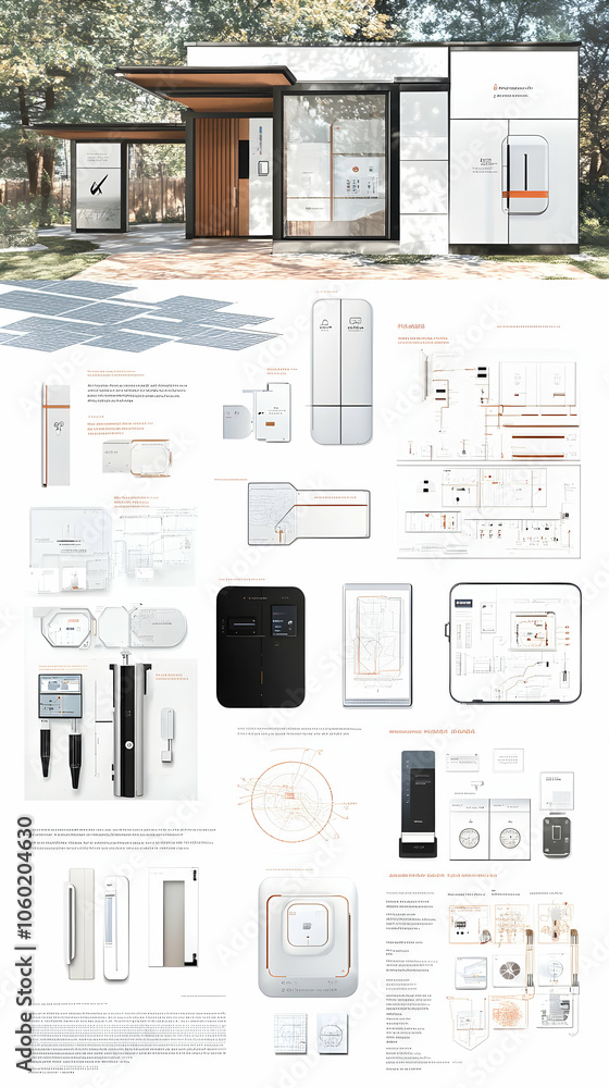Poster smart home security system with various components, including door locks, sensors, and a control pan