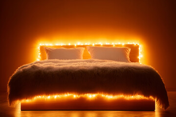 Cozy bed with illuminated headboard, warm ambiance
