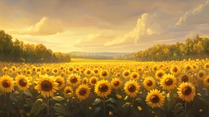 Fototapeta premium Vibrant Sunflower Field Under Golden Sky