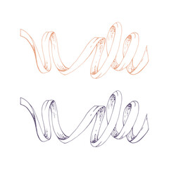 Obraz premium Ribbon lace braid zigzag tassel. Hand drawn ink vector illustration sewing craft embroidery supplies. Isolated set of objects on white background. Design atelier, tailor, hobby shop, fashion boutique