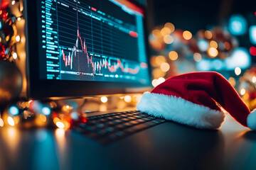 Christmas-themed stock market workspace with Santa hat on a keyboard, financial chart on monitor,...