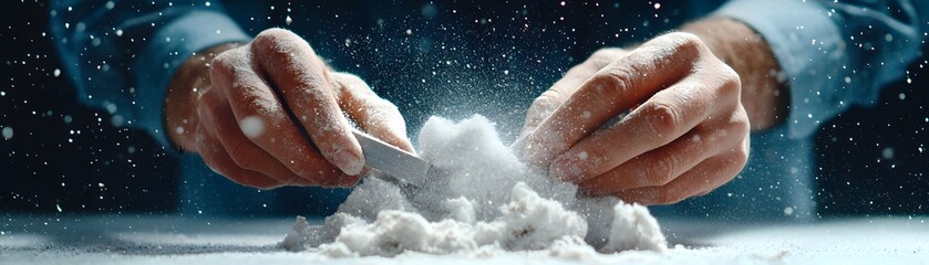 Fototapeta premium Hands Playing with Powder in a Dark Background.