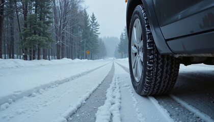 Close-up of a car tire on a snowy road with tire tracks and pine trees in a winter landscape