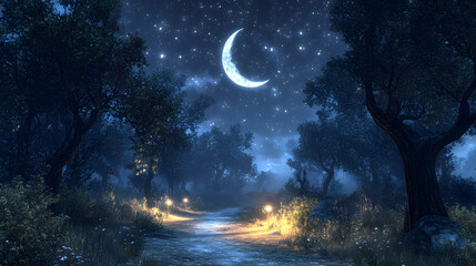 A Breathtaking Ineffable Night Sky Filled with Stars and a Gentle Moonlight Casting Over a Serene Forest