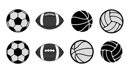 Sports balls Icons vector set silhouette graphics. Illustration of American football and soccer, basketball and volleyball.