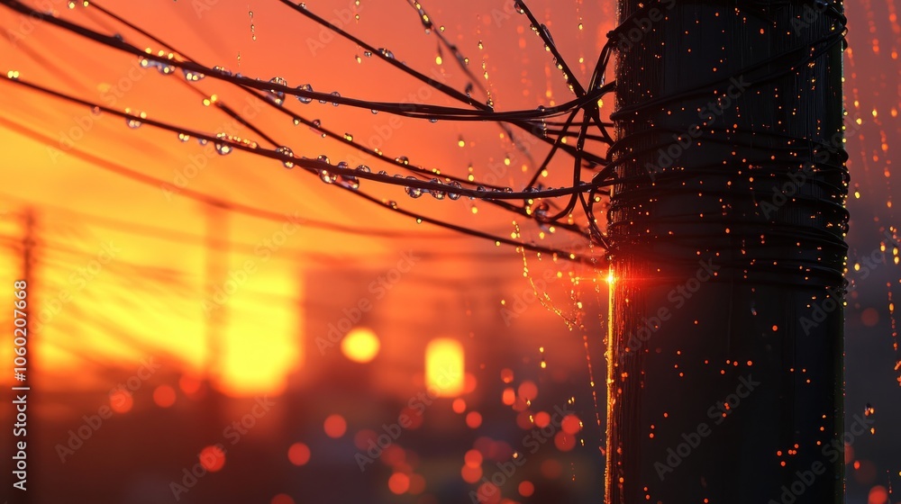 Poster a sunset view with rain droplets on power lines, creating a serene atmosphere.