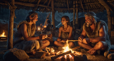 Fototapeta premium A cartoon-style Stone Age family sitting around a cozy fire, wearing simple fur clothing and smiling as they roast food on sticks. The scene is playful and heartwarming, with a cave decorated with han