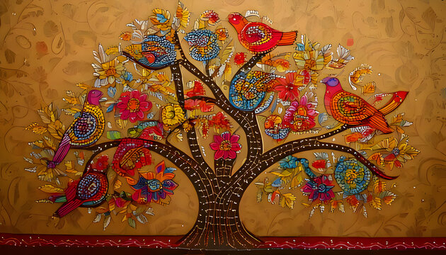 Brightly colored traditional Gond folk art from India of birds in a tree on a textured backg