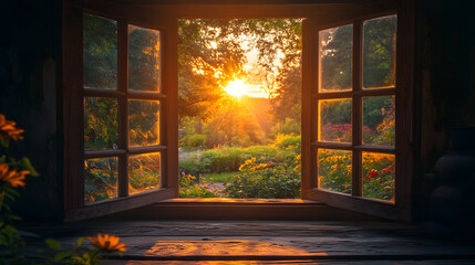 A Magical Sunset Through Alabaster Windows of a Cozy Cottage Nestled in a Vibrant Garden, Exuding Warmth and Serenity