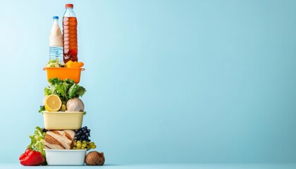 A colorful stack of food containers filled with various healthy foods and drinks against a light blue background.