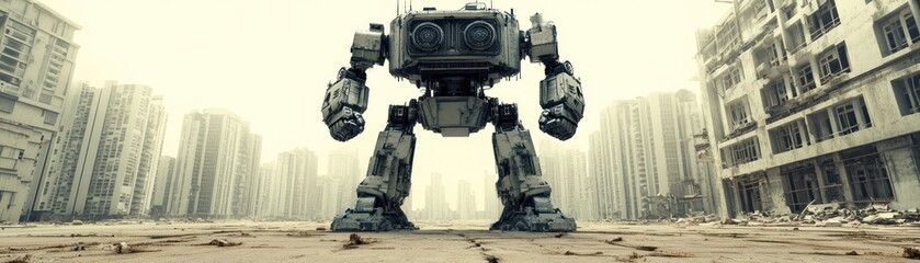 Naklejka premium A large robot stands amidst a desolate urban landscape, suggesting a post-apocalyptic scene.