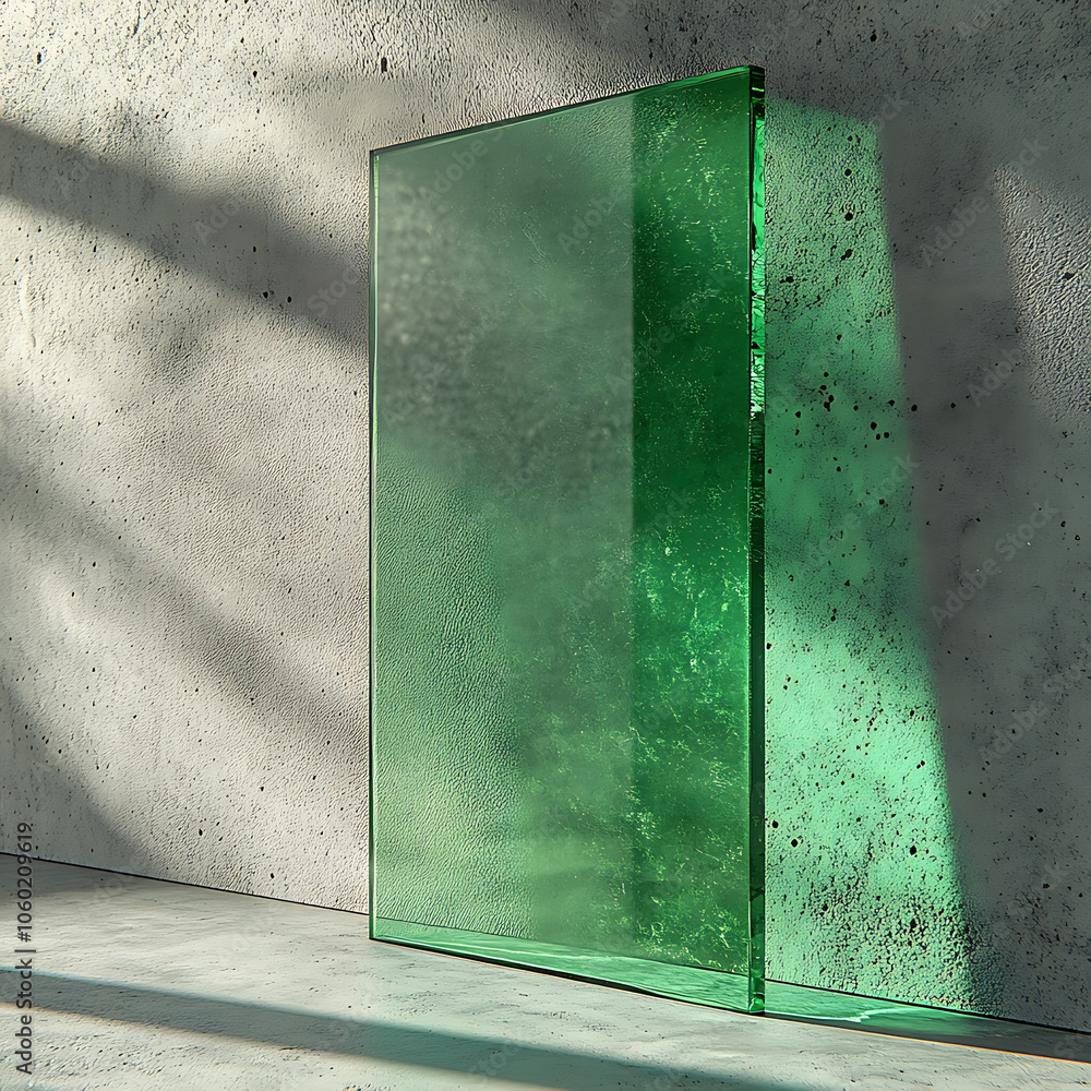 Poster green acrylic sheet stands against textured wall, casting soft shadows. vibrant color and smooth sur