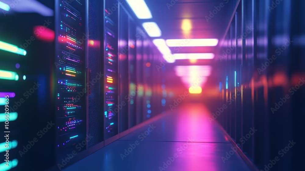 Aufkleber a vibrant data center corridor illuminated with colorful lights and server racks.