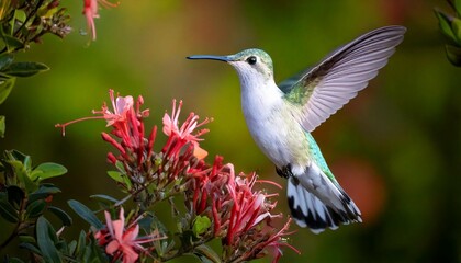 Fototapeta premium A plumeleteer hummingbird hovers by the flowers
