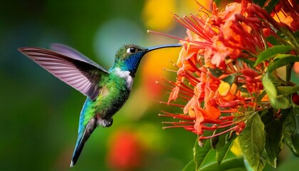 Obraz premium A plumeleteer hummingbird hovers by the flowers