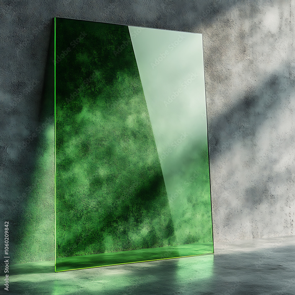 Aufkleber green acrylic sheet leans against textured wall, creating striking visual contrast with its vibrant 