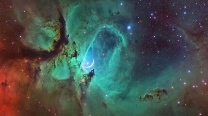 Obraz premium A glowing nebula with bright blue and green hues, dense stars, and a distant crescent moon, set in a serene, dreamlike night sky.