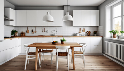 Fototapeta premium Minimalist Scandinavian kitchen with white cabinets, wooden countertops and a small dining table with chairs