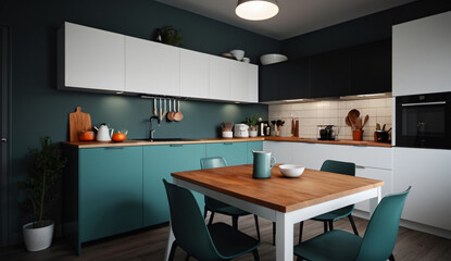 Minimalist Scandinavian kitchen with white cabinets, wooden countertops and a small dining table with chairs, soft light, soothing tones