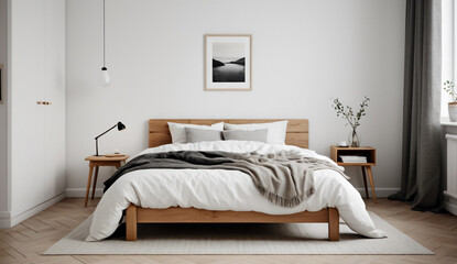 A small Scandinavian bedroom with a wooden bed frame, white bedding and a simple nightstand, soothing tones