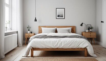 A small Scandinavian bedroom with a wooden bed frame, white bedding and a simple nightstand, soothing tones