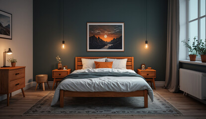 A small Scandinavian bedroom with a wooden bed frame, white bedding and a simple nightstand, warm lights, dramatic light