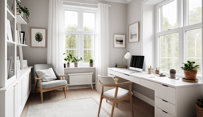 Fototapeta premium A Scandinavian home office with a white desk, a comfortable chair and natural light streaming through a window, soothing tones