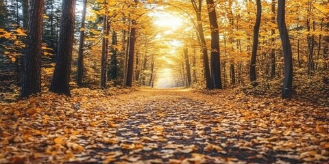Golden Autumn Path Through Forest