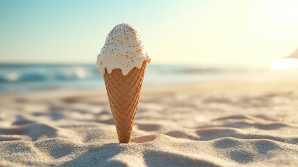 A delicious ice cream cone resting on sandy beach with ocean waves in the background.