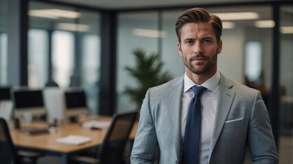 Corporate businessman posing on blurred office background