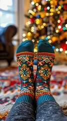 Obraz premium Cozy colorful wool socks on feet near a decorated Christmas tree in a warm festive home interior Concept of winter holiday and hygge lifestyle