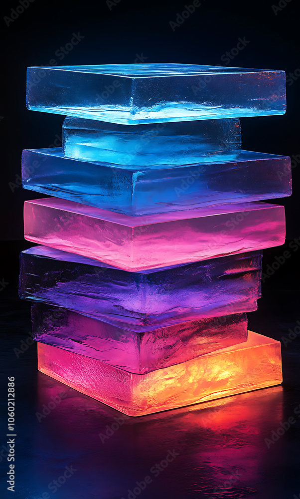 Poster stack of glowing blue and purple acrylic sheets illuminated from within, creating vibrant display of colors. interplay of light and transparency adds modern artistic touch