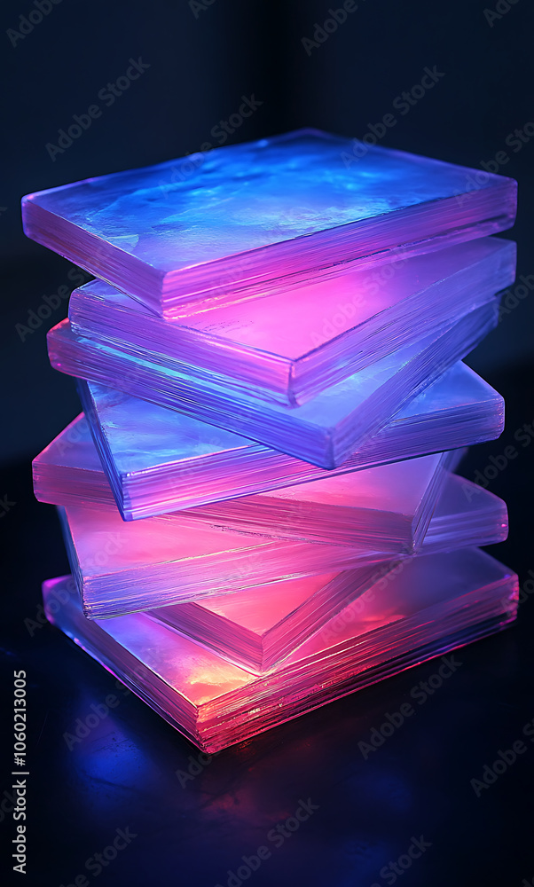 Poster stack of glowing blue and purple acrylic sheets illuminated from below, creating vibrant and colorfu