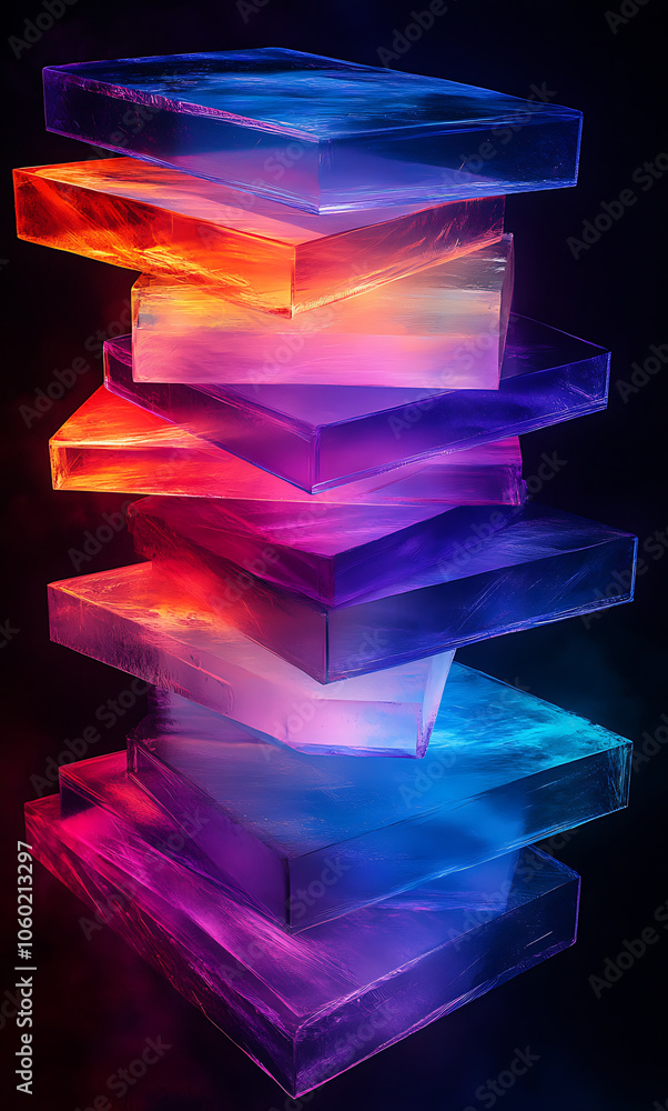 Poster stack of translucent glowing blue and purple panels radiates vibrant colors, creating mesmerizing visual effect. interplay of light and color evokes sense of wonder and intrigue