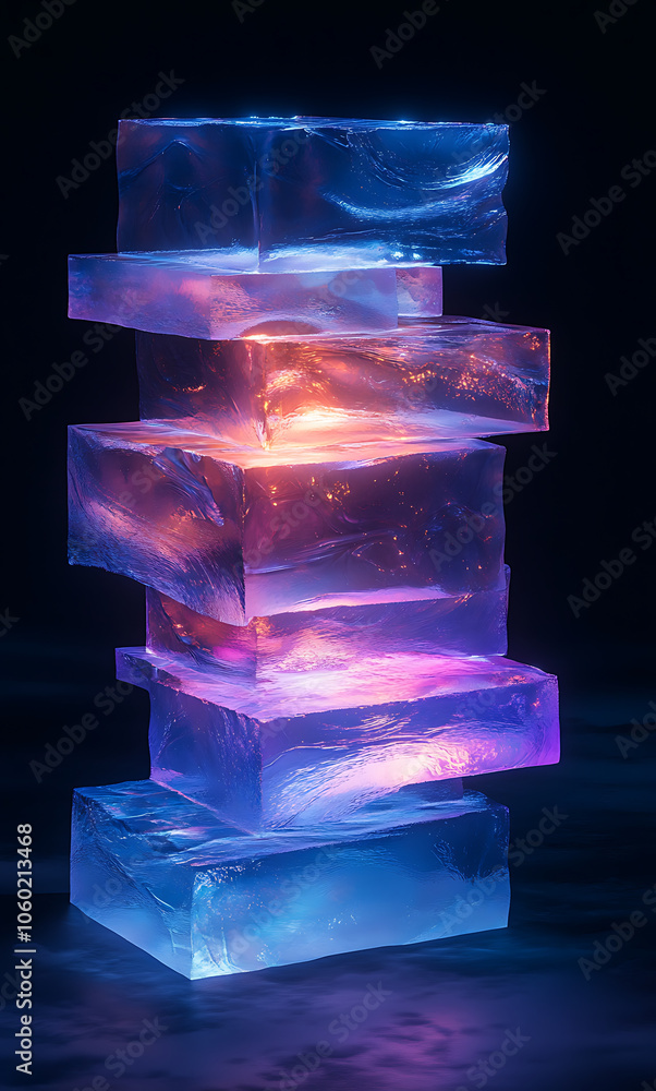 Poster stack of translucent glowing blue and purple panels creates mesmerizing visual effect, showcasing vibrant colors and intricate textures. illuminated layers evoke sense of depth and intrigue
