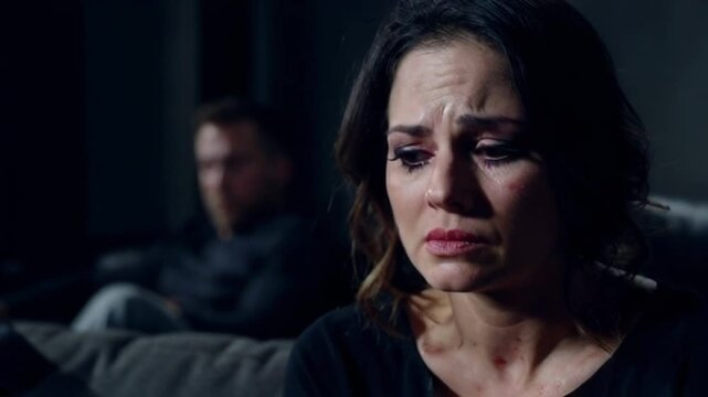 A woman with a frightened face sitting on a sofa. Behind her an unrecognizable man watching her.