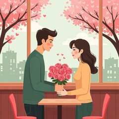 guy gives girl big bouquet of pink roses in shape of heart in cafe and sakura trees for valentine surprise day