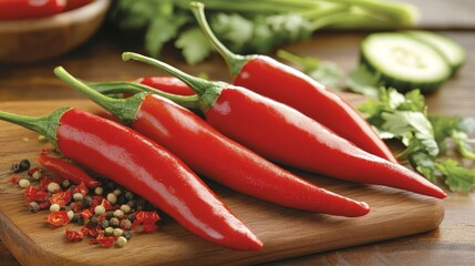 Fresh Red Chili Peppers on Wooden Cutting Board