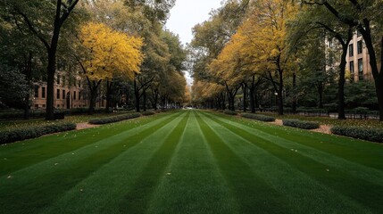 Fototapeta premium Symmetrical tree-lined path with manicured green lawn and yellow autumn leaves in a serene park setting