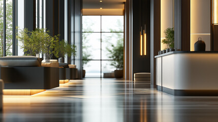 Fototapeta premium Elegant Modern Lobby With Japandi Design, Warm Lighting, Minimalist Decor, And Natural Elements Creating A Sophisticated And Welcoming Atmosphere