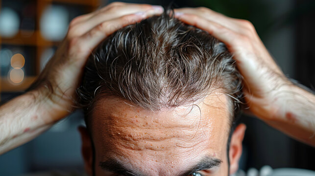 Close-up of a man examining his receding hairline and forehead wrinkles, expressing concern about hair loss and aging - Powered by Adobe