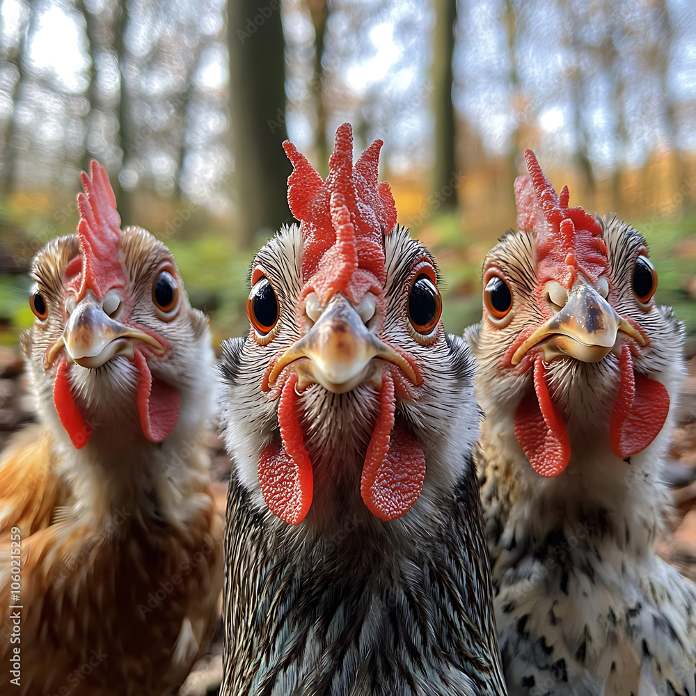 Aufkleber chickens with puzzled expressions looking directly at camera in forest. their vibrant feathers and c