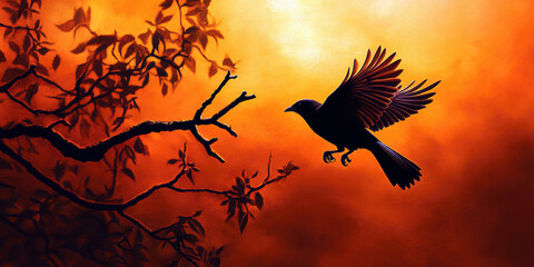 Fototapeta premium A stunning silhouette of a bird takes flight against a mesmerizing backdrop of orange hues and shadows, capturing the essence of freedom and beauty in nature.