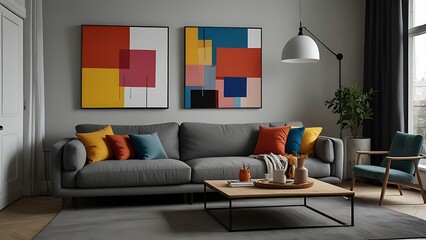 Scandinavian interior home design of modern living room with gray sofa and colorful pillows with pop art colorful abstract frame poster	