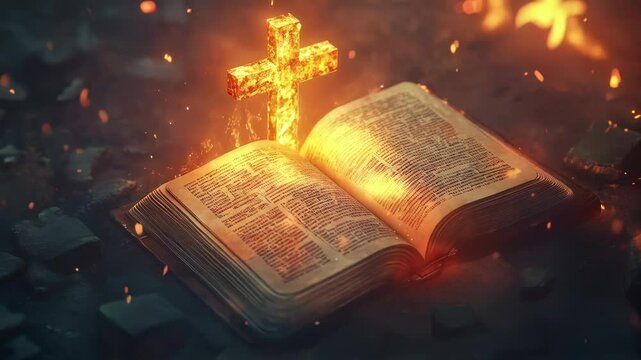 Golden cross shines brightly over an open bible resting on a wooden surface. The light illuminates the pages, creating a serene and spiritual atmosphere. The concept of religion, church and Easter.