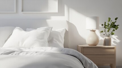 A serene bedroom scene with soft bedding and a bedside lamp, evoking comfort and tranquility.