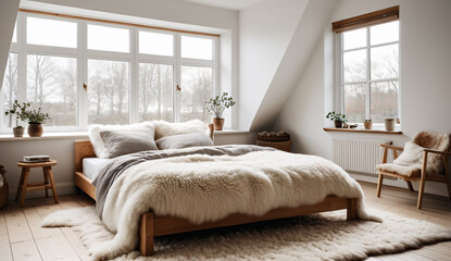 Fototapeta premium A cozy Scandinavian bedroom with a wooden bed frame, a sheepskin rug and a large window with natural light streaming in, detailed isometric living room