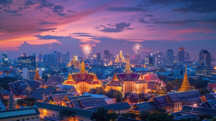 Naklejka premium Bright fireworks over the downtown Bangkok skyline during the dusk celebration