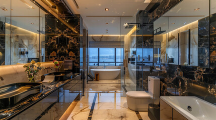 Naklejka premium Modern bathroom with sleek marble surfaces, black fixtures, and a frameless mirror, creating a luxurious, spa-inspired atmosphere.
